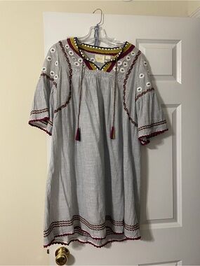 Maeve Gray and Burgundy Striped Embroidered Peasant Dress